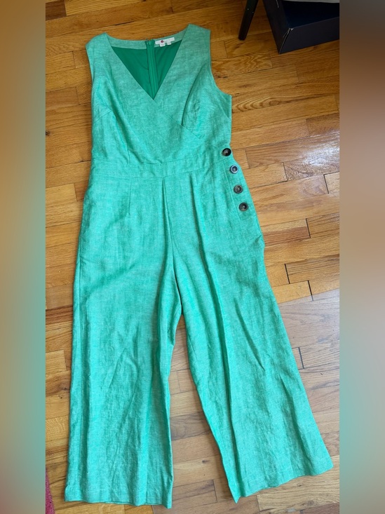Boden Pants - Boden Sleeveless Green Wide-Leg linen Jumpsuit with Side Buttons and pockets
